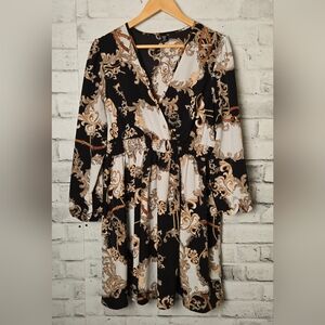 SHEIN Curve Baroque Print Smocked Waist Dress Black Gold 1XL